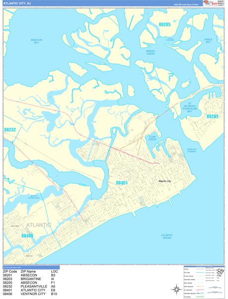Atlantic City City Wall Map Basic Style